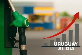 Conceptual photograph of inflation in Uruguay in September 2025: a green fuel pump in the foreground and a bar graph with a red ascending arrow, representing the increase in the CPI according to official data from the INE.